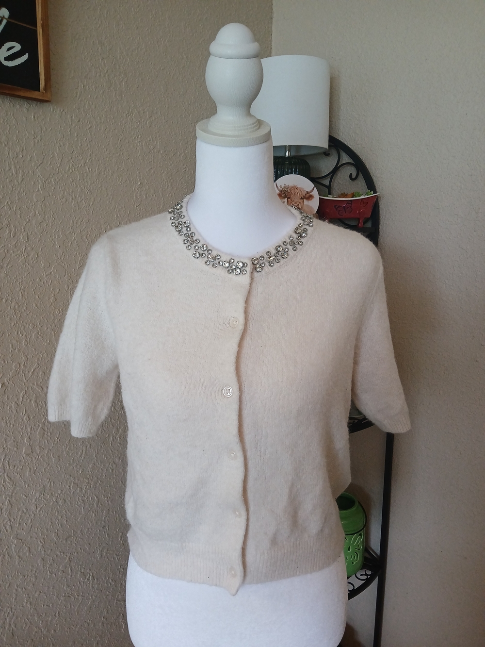 H&M Cream Jeweled Collar Short-Sleeve Cardigan